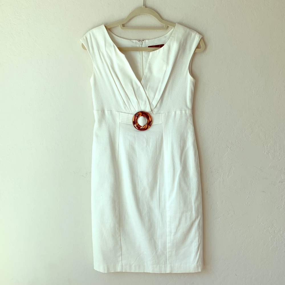 Eliza J Buckle Textured Sleeveless White Dress